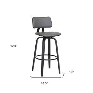 30" Gray And Black Faux Leather And Fabric And Wood Low Back Bar Height Swivel Bar Chair