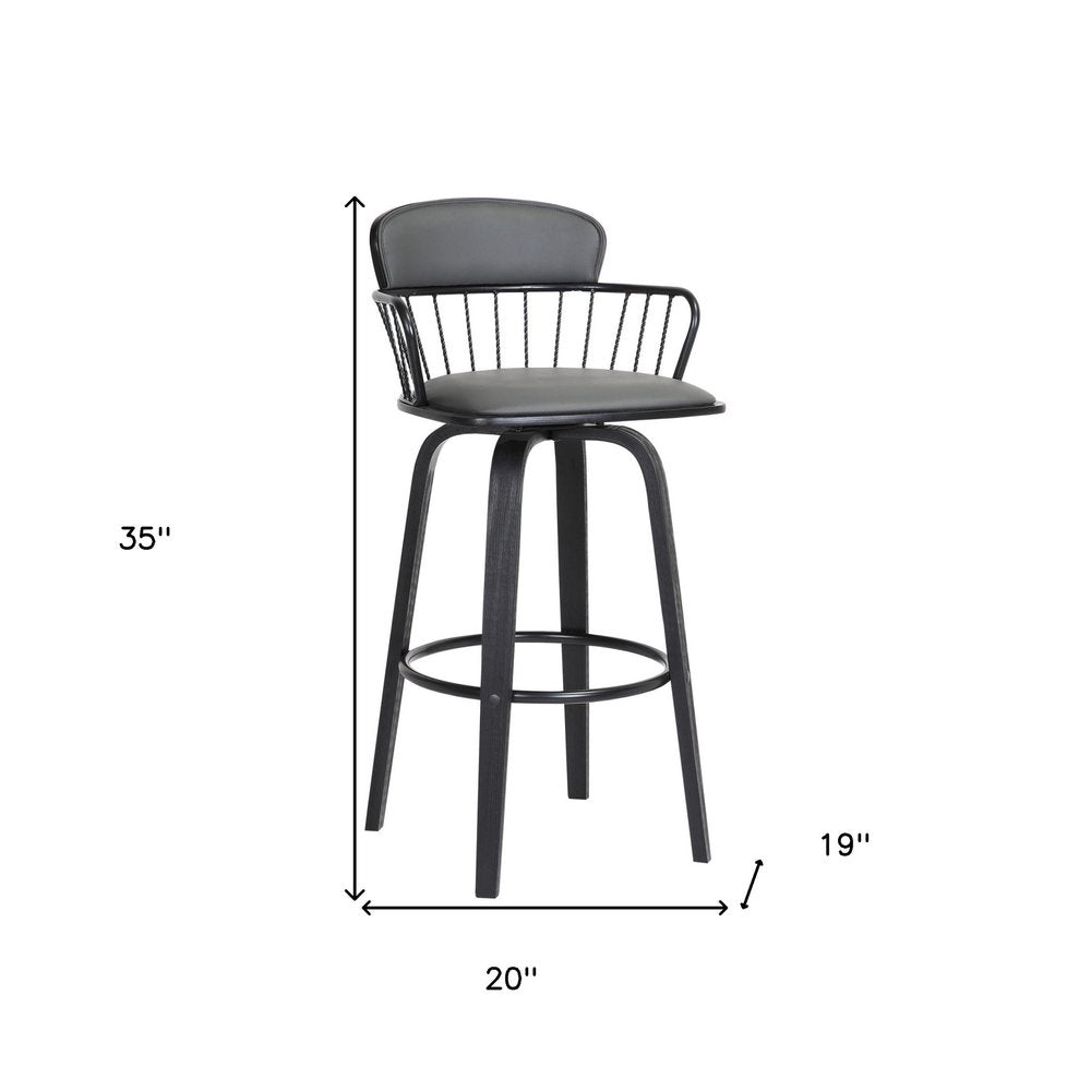 26" Gray And Black Faux Leather Swivel Low Back Counter Height Bar Chair