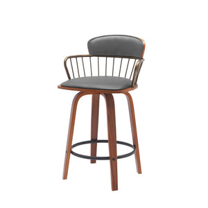 26" Gray And Brown Faux Leather And Fabric And Wood Low Back Counter Height Swivel Bar Chair