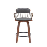 26" Gray And Wood Brown Faux Leather Swivel Low Back Counter Height Bar Chair