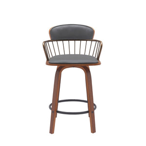 26" Gray And Brown Faux Leather And Fabric And Wood Low Back Counter Height Swivel Bar Chair