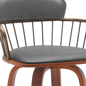 26" Gray And Brown Faux Leather And Fabric And Wood Low Back Counter Height Swivel Bar Chair