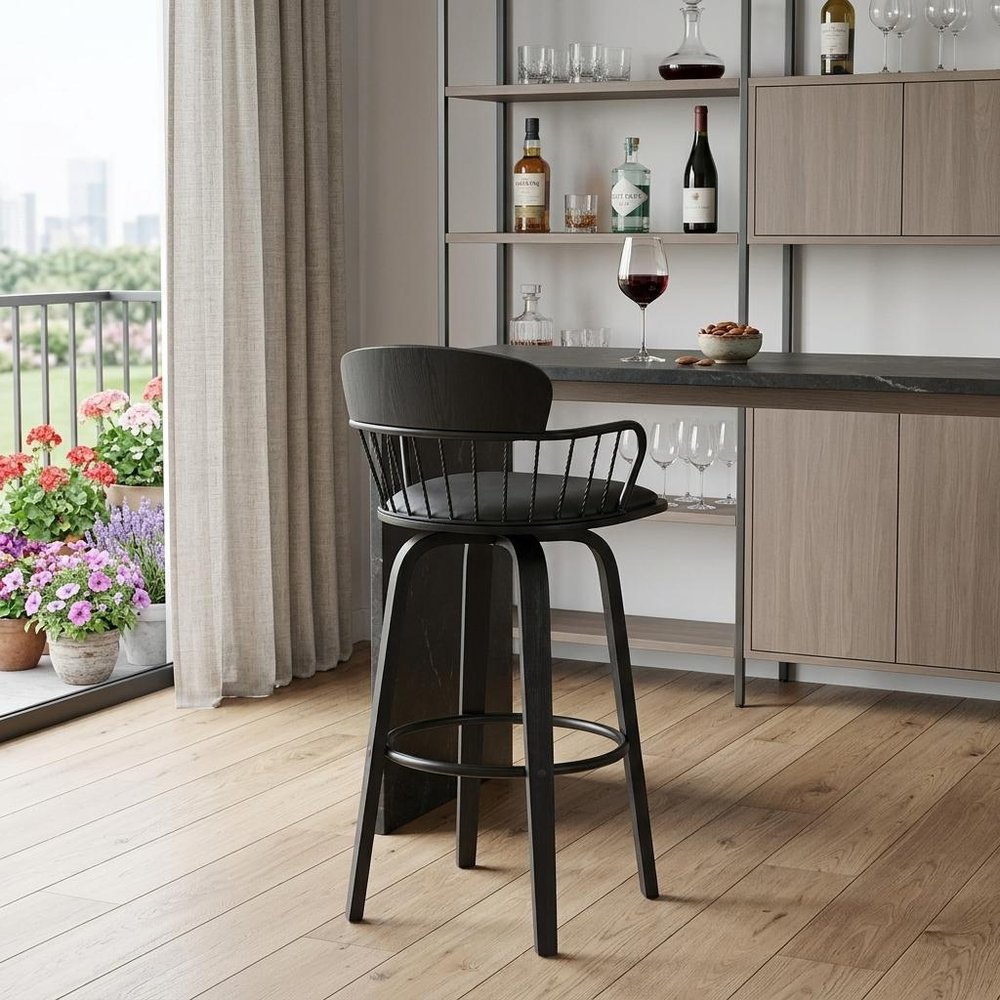 30" Gray And Black Faux Leather And Fabric And Wood Low Back Bar Height Swivel Bar Chair