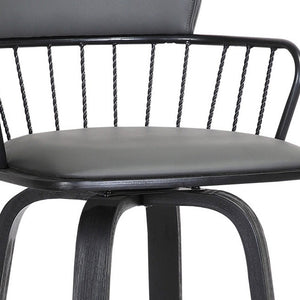30" Gray And Black Faux Leather And Fabric And Wood Low Back Bar Height Swivel Bar Chair