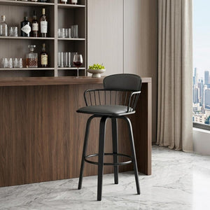 30" Gray And Black Faux Leather And Fabric And Wood Low Back Bar Height Swivel Bar Chair