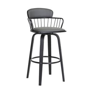 30" Gray And Black Faux Leather And Fabric And Wood Low Back Bar Height Swivel Bar Chair