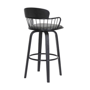 30" Gray And Black Faux Leather And Fabric And Wood Low Back Bar Height Swivel Bar Chair