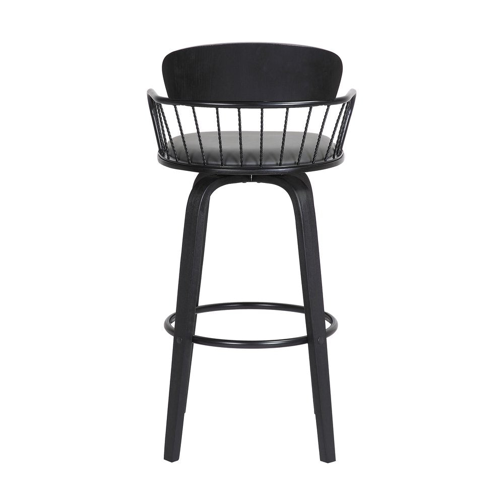 30" Gray And Black Faux Leather And Fabric And Wood Low Back Bar Height Swivel Bar Chair