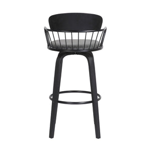 30" Gray And Black Faux Leather And Fabric And Wood Low Back Bar Height Swivel Bar Chair