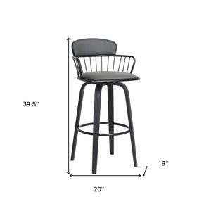 30" Gray And Black Faux Leather And Fabric And Wood Low Back Bar Height Swivel Bar Chair