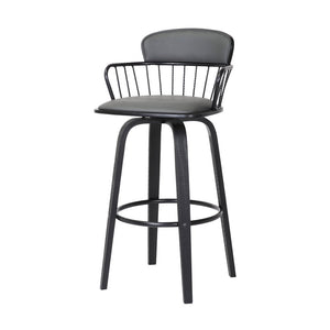 30" Gray And Black Faux Leather And Fabric And Wood Low Back Bar Height Swivel Bar Chair