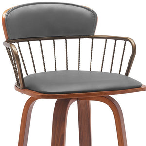 30" Gray And Brown Faux Leather And Fabric And Wood Low Back Bar Height Swivel Bar Chair
