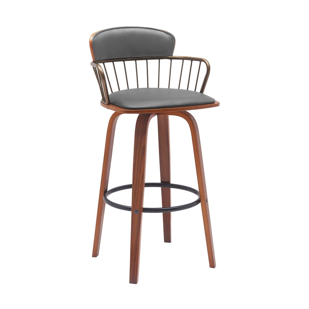 30" Gray And Brown Faux Leather And Fabric And Wood Low Back Bar Height Swivel Bar Chair