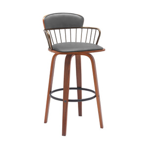 30" Gray And Wood Brown Faux Leather Swivel Low Back Bar Height Bar Chair