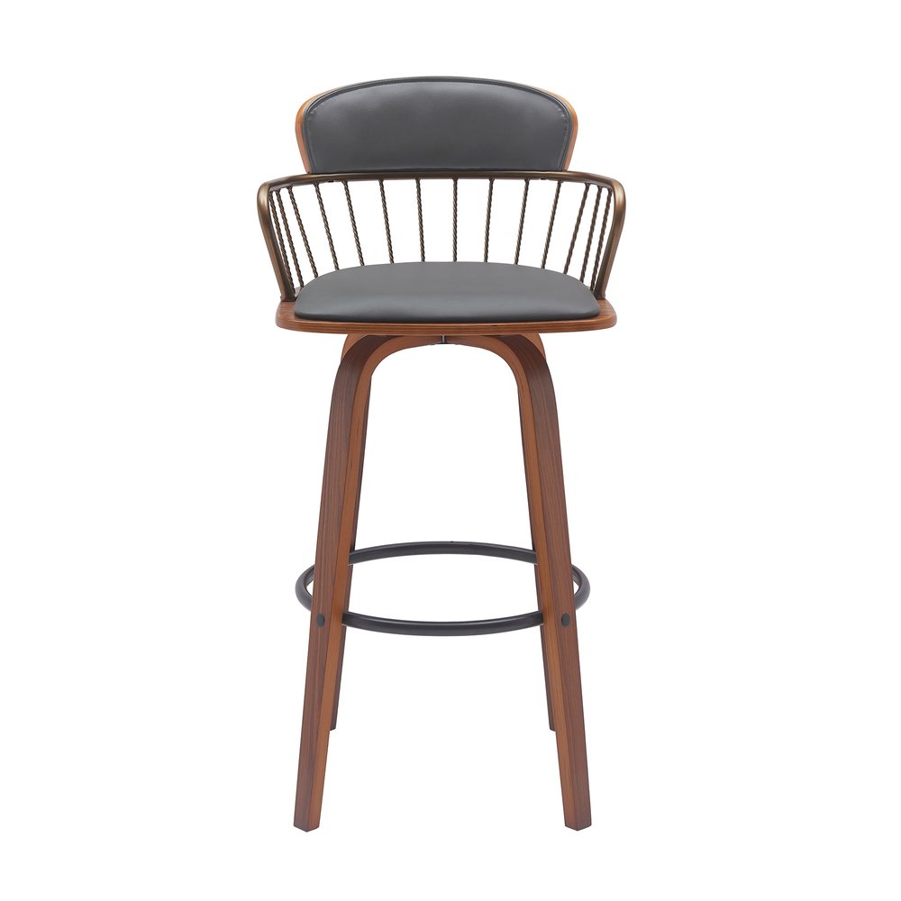 30" Gray And Brown Faux Leather And Fabric And Wood Low Back Bar Height Swivel Bar Chair