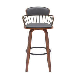 30" Gray And Brown Faux Leather And Fabric And Wood Low Back Bar Height Swivel Bar Chair