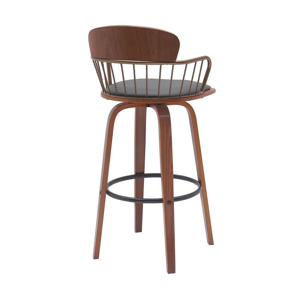 30" Gray And Brown Faux Leather And Fabric And Wood Low Back Bar Height Swivel Bar Chair