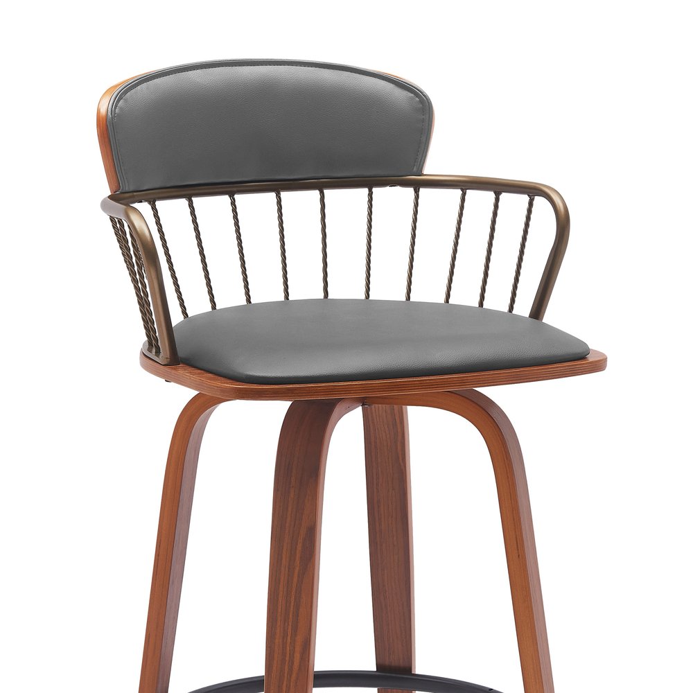 30" Gray And Brown Faux Leather And Fabric And Wood Low Back Bar Height Swivel Bar Chair