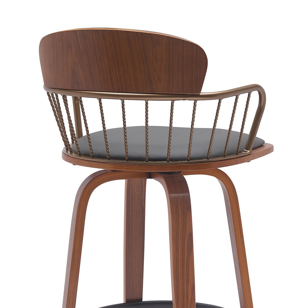 30" Gray And Brown Faux Leather And Fabric And Wood Low Back Bar Height Swivel Bar Chair