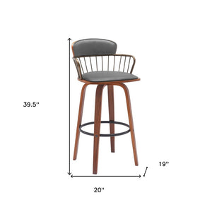 30" Gray And Brown Faux Leather And Fabric And Wood Low Back Bar Height Swivel Bar Chair