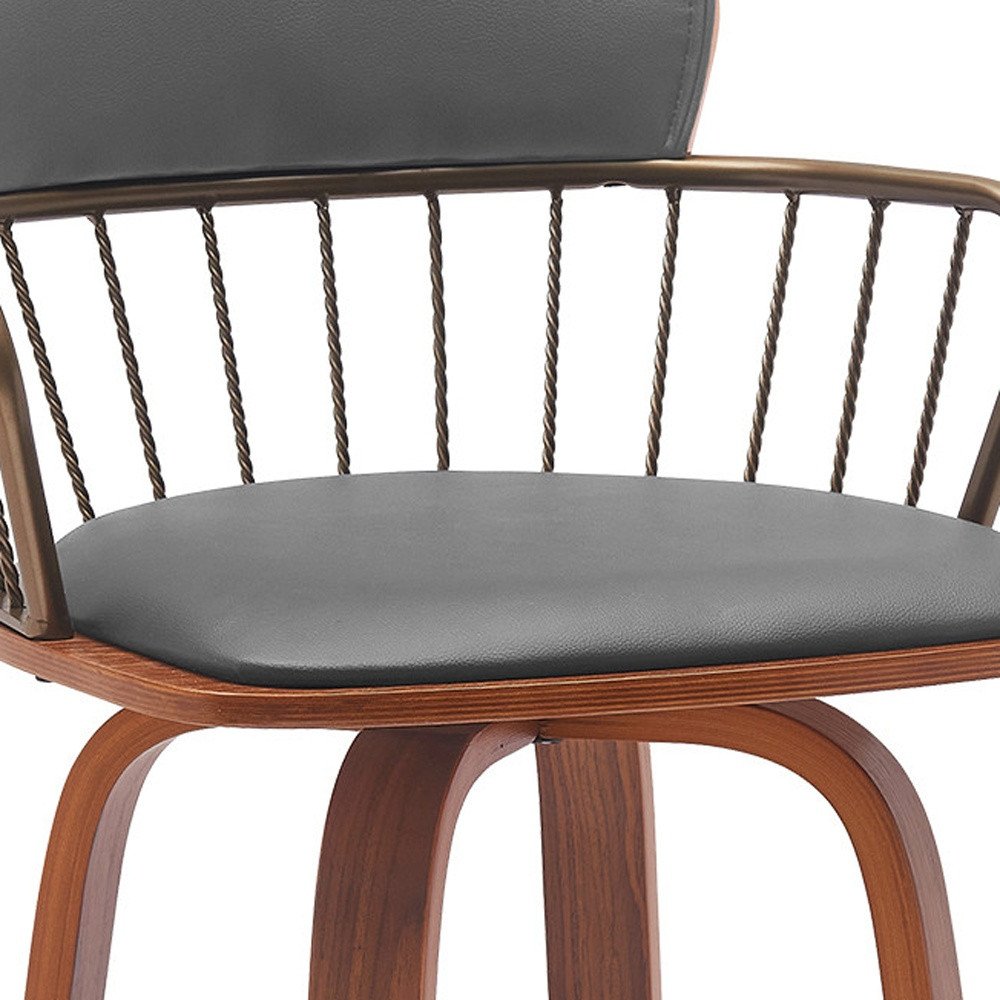 30" Gray And Brown Faux Leather And Fabric And Wood Low Back Bar Height Swivel Bar Chair
