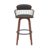 30" Black And Wood Brown Faux Leather Swivel Low Back Bar Height Bar Chair