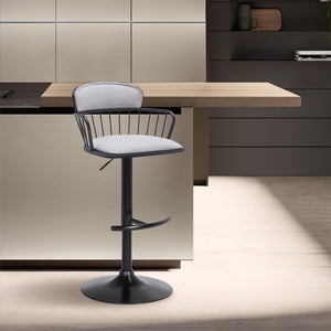 Light Gray And Black Fabric And Metal Low Back Adjustable Height Swivel Bar Chair