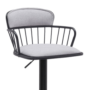 Light Gray And Black Fabric And Metal Low Back Adjustable Height Swivel Bar Chair