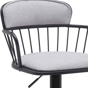 Light Gray And Black Fabric And Metal Low Back Adjustable Height Swivel Bar Chair