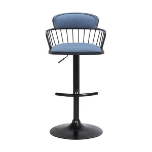 Blue And Black Fabric And Metal Low Back Adjustable Height Swivel Bar Chair