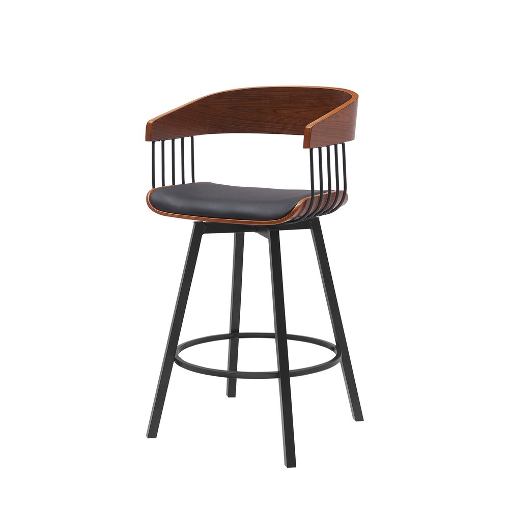 27" Black Faux Leather And Metal Swivel Low Back Counter Height Bar Chair