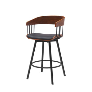 27" Black Faux Leather And Metal Swivel Low Back Counter Height Bar Chair