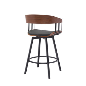 27" Black Faux Leather And Metal Swivel Low Back Counter Height Bar Chair