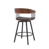 27" Black Faux Leather And Metal Swivel Low Back Counter Height Bar Chair