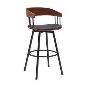 31" Black Faux Leather And Fabric And Metal Bar Height Swivel Bar Chair