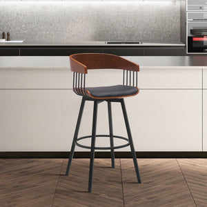 31" Black Faux Leather And Fabric And Metal Bar Height Swivel Bar Chair