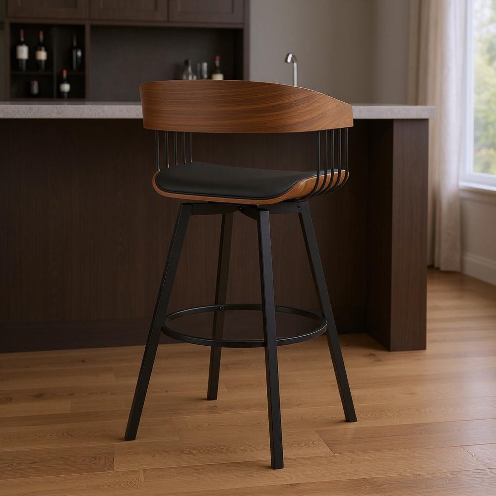 31" Black Faux Leather And Fabric And Metal Bar Height Swivel Bar Chair