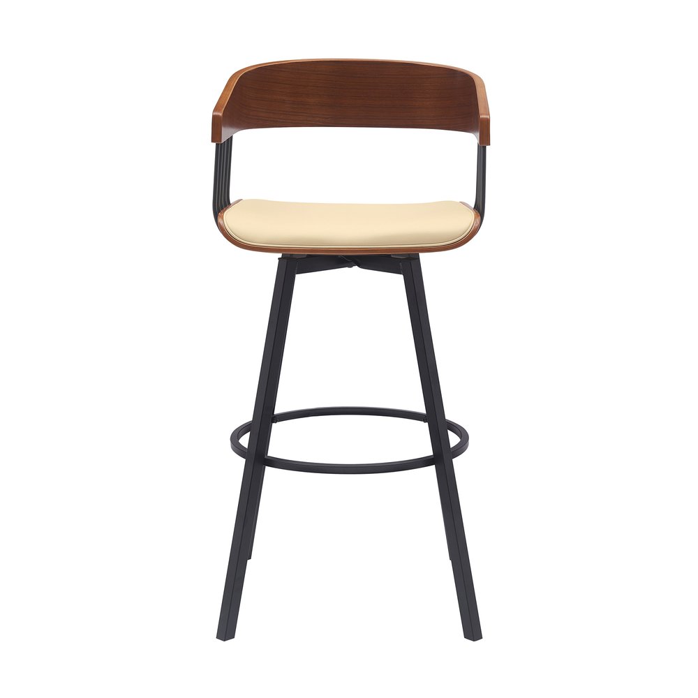 31" Cream and Black Faux Leather with Metal Swivel Bar Height Bar Chair