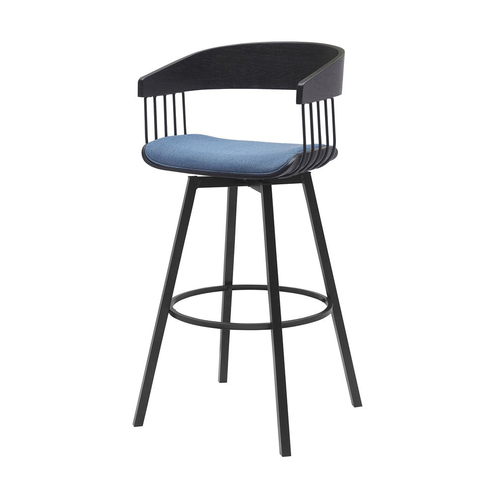 31" Blue And Black Fabric And Metal Bar Height Swivel Bar Chair