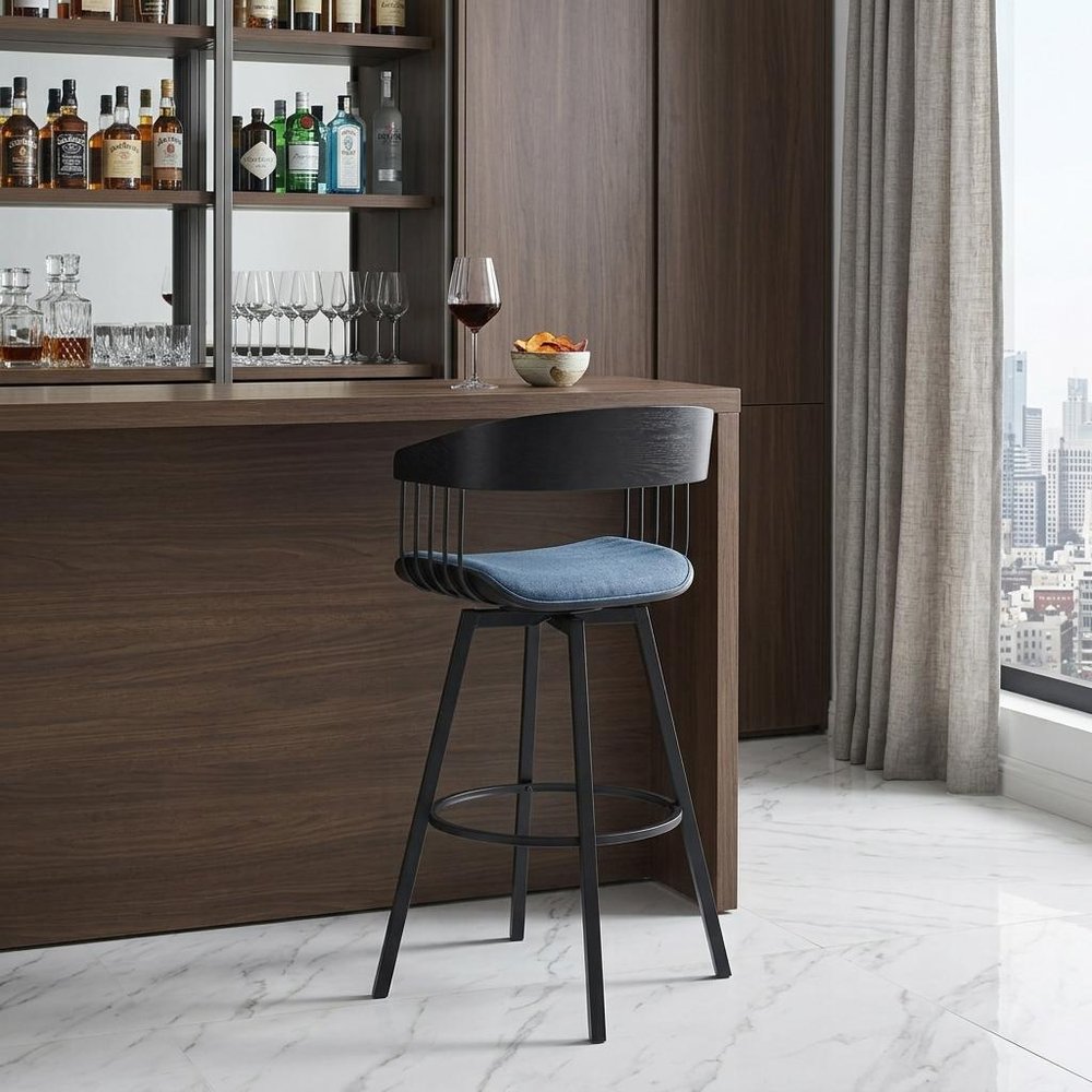 31" Blue and Black Fabric with Metal Swivel Bar Height Bar Chair