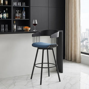 31" Blue and Black Fabric with Metal Swivel Bar Height Bar Chair