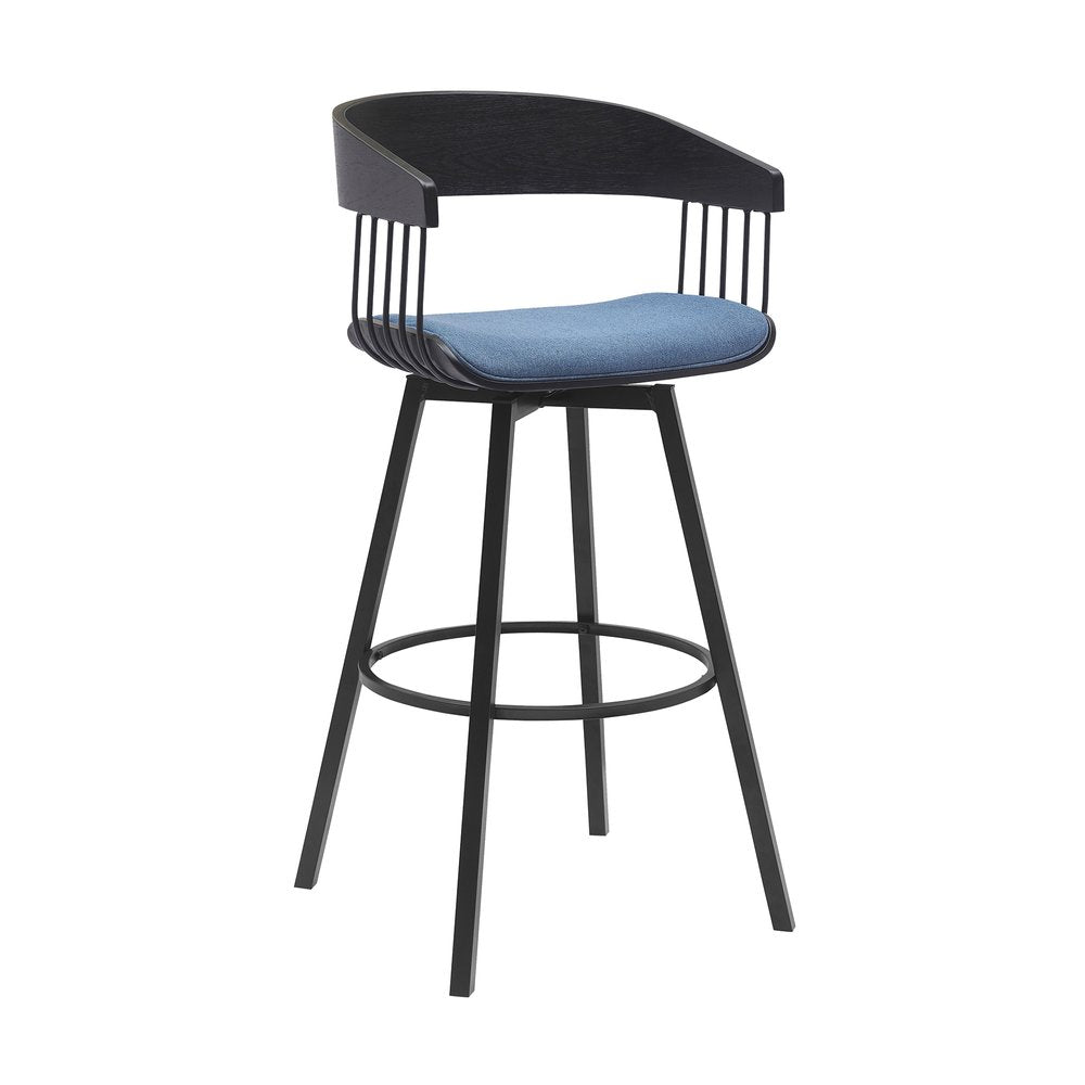 31" Blue And Black Fabric And Metal Bar Height Swivel Bar Chair