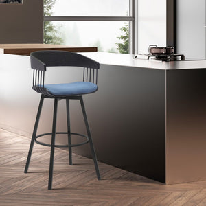 31" Blue And Black Fabric And Metal Bar Height Swivel Bar Chair
