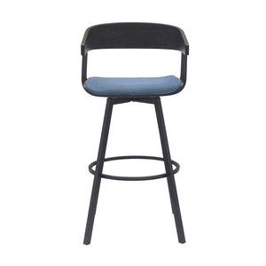 31" Blue And Black Fabric And Metal Bar Height Swivel Bar Chair