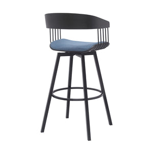 31" Blue And Black Fabric And Metal Bar Height Swivel Bar Chair