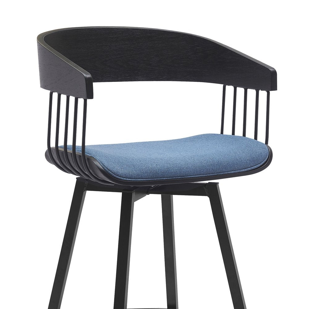 31" Blue And Black Fabric And Metal Bar Height Swivel Bar Chair