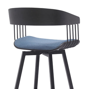 31" Blue And Black Fabric And Metal Bar Height Swivel Bar Chair