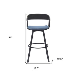31" Blue And Black Fabric And Metal Bar Height Swivel Bar Chair