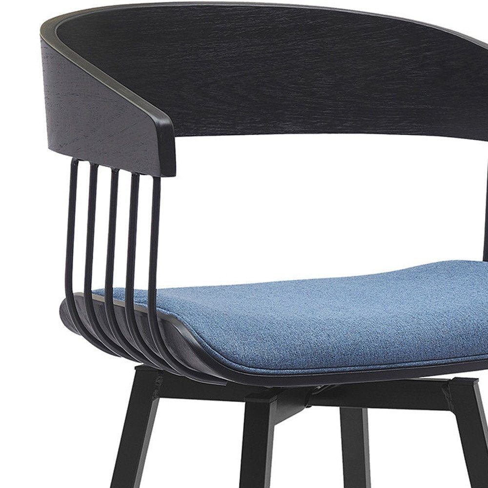31" Blue And Black Fabric And Metal Bar Height Swivel Bar Chair
