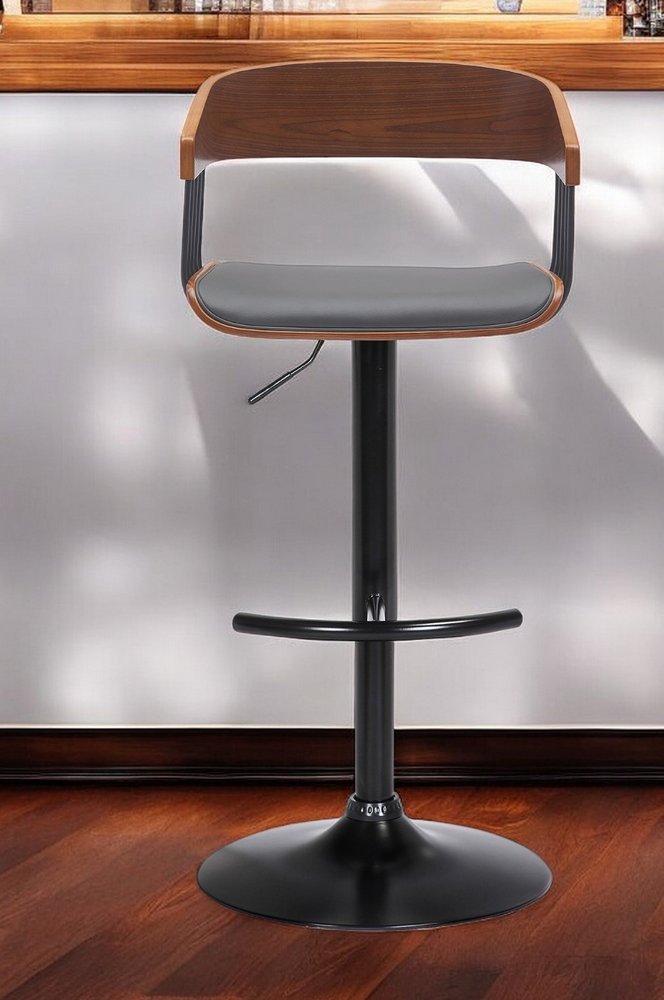 Gray And Black Faux Leather And Fabric And Metal Adjustable Height Swivel Bar Chair